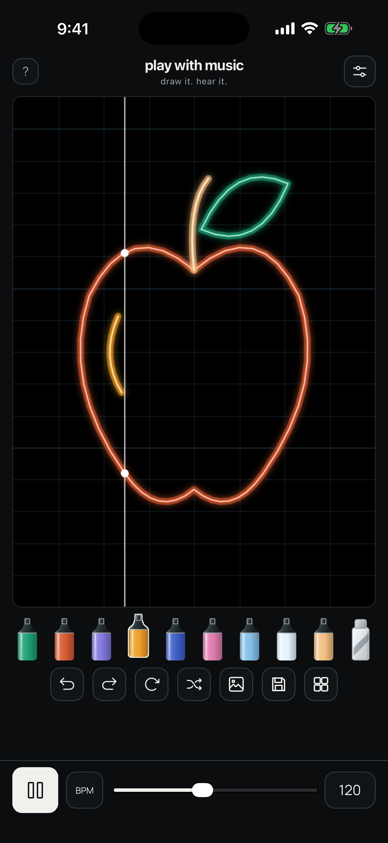 The app's musical grid with a glowing apple drawing, colorful sound brushes, and playback controls.